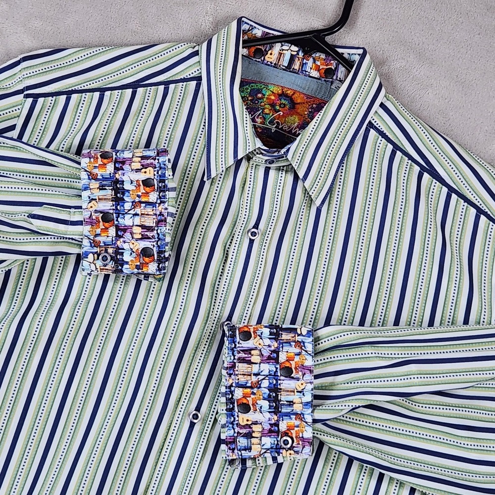 Robert Graham Shirt Mens Large Blue Striped Long Sleeve Button Up Music Cuff